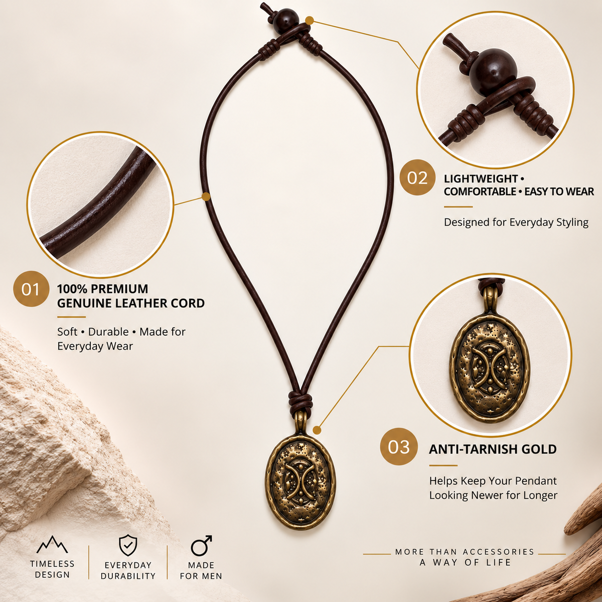 Antique Oval Pendant Leather Necklace for Men