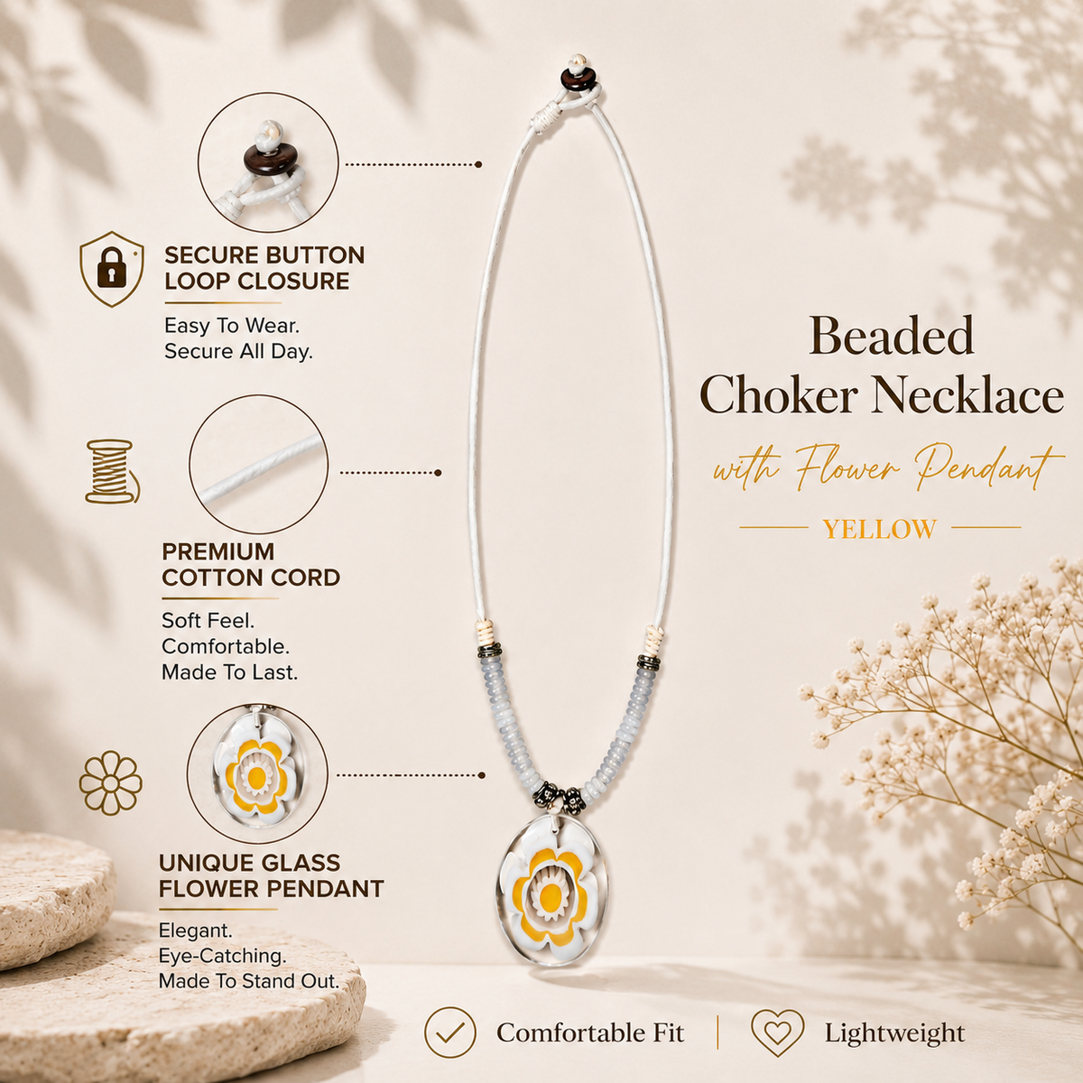 Beaded Choker Necklace with Flower Pendant