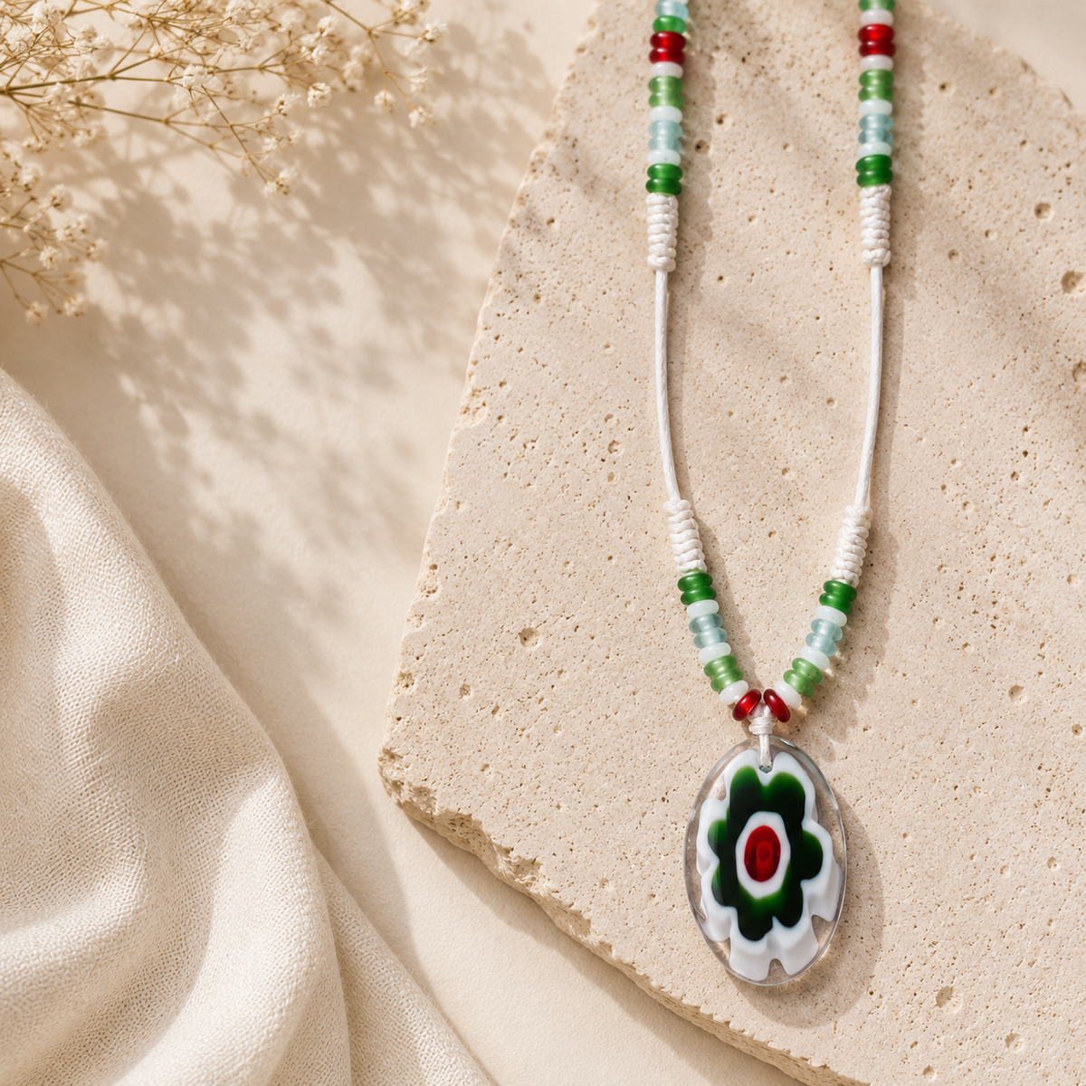 Beaded Necklace with Flower Pendant