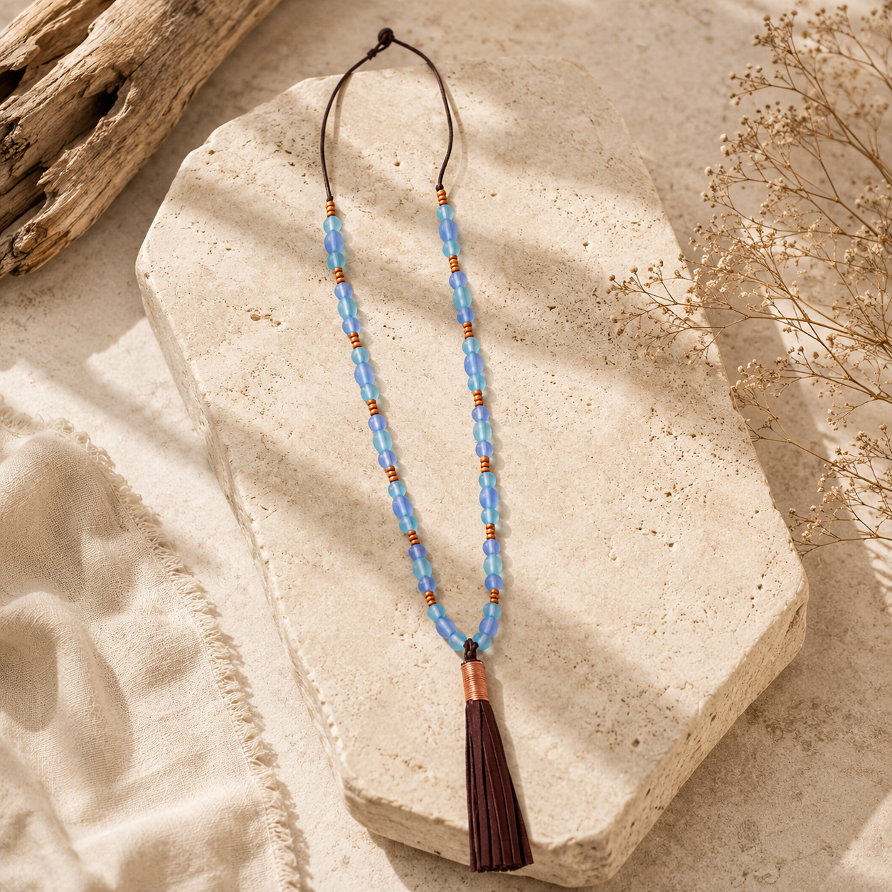 Beaded Necklace with Leather Tassel