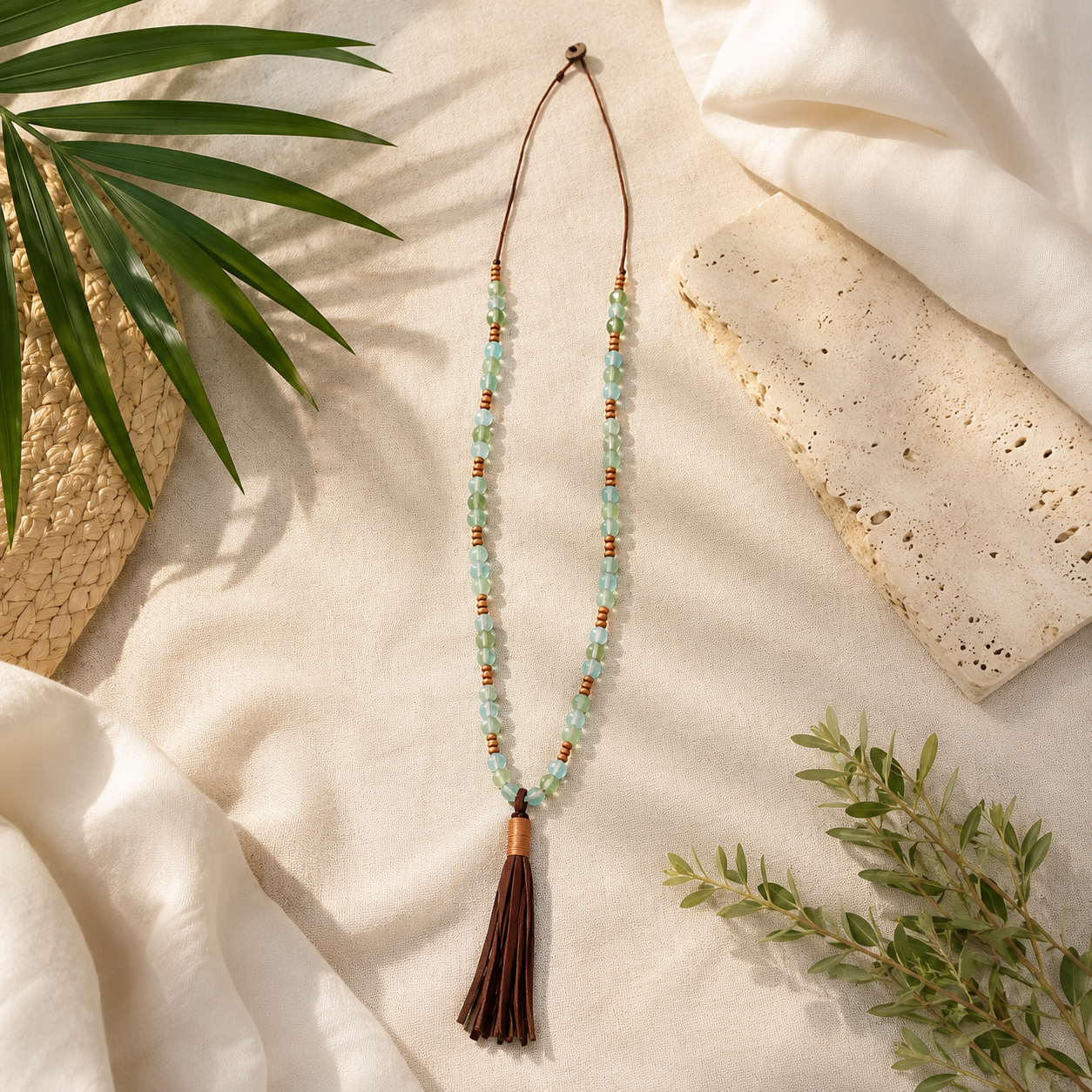 Beaded Necklace with Leather Tassel