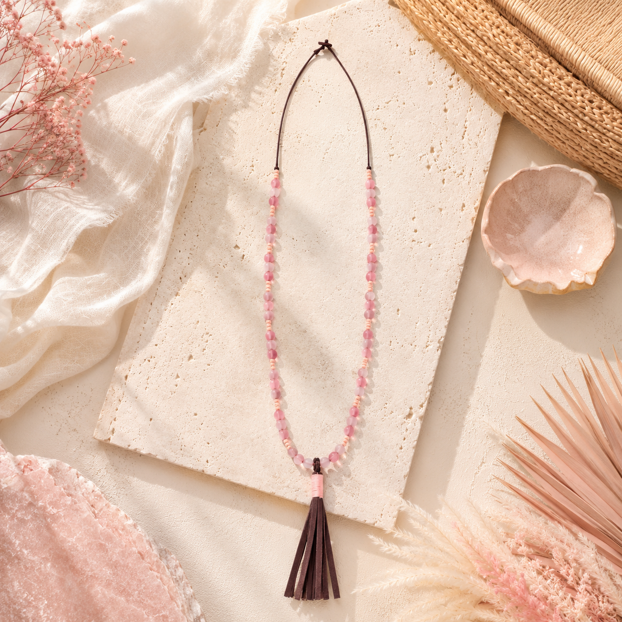 Beaded Necklace with Leather Tassel