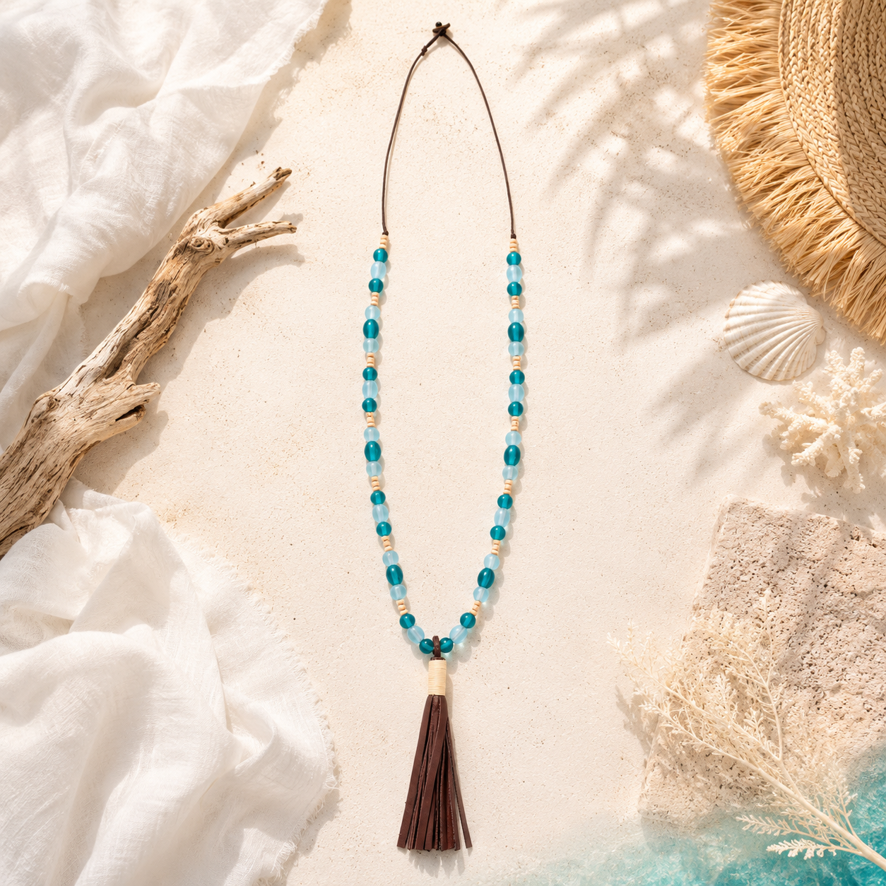 Beaded Necklace with Leather Tassel