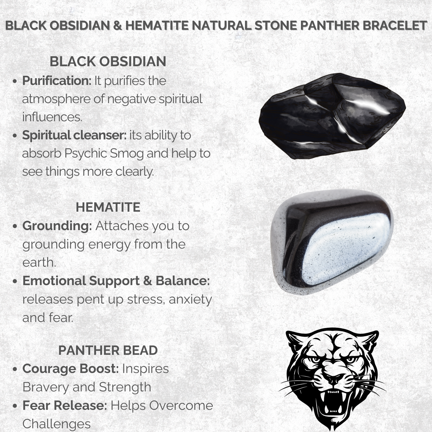 Black Obsidian & Hematite Natural Stone Panther Bracelet