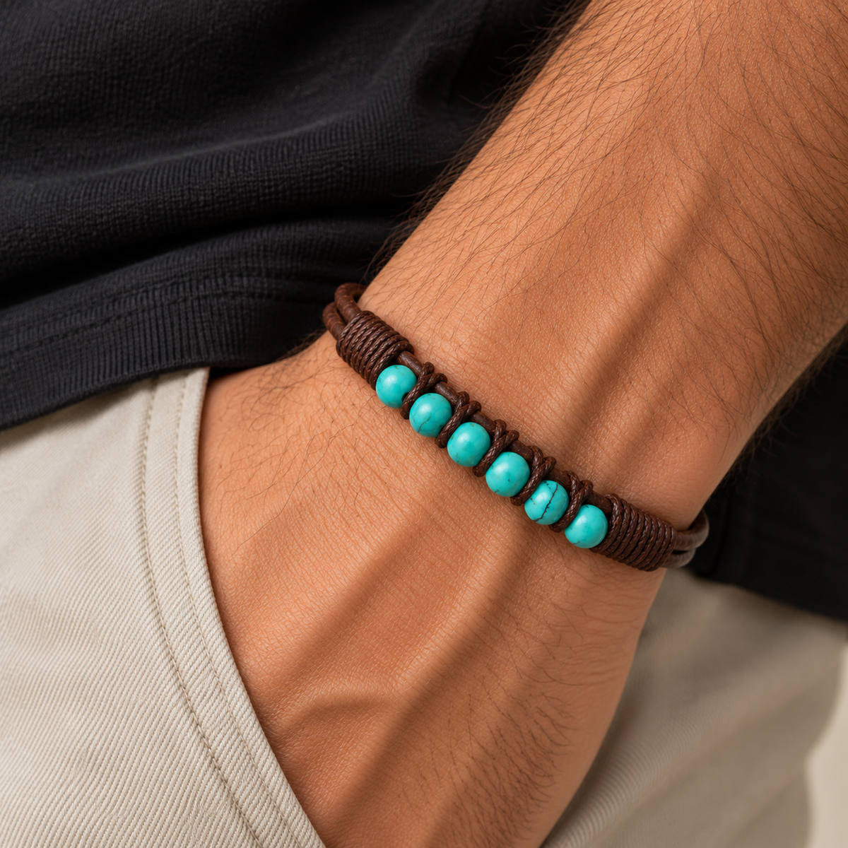 Blue Beaded Leather Bracelet for Men