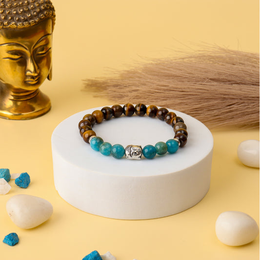 Blue Apatite & Tiger Eye Natural Stone Buddha Bracelet