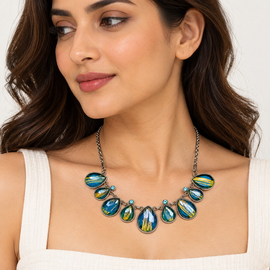 Blue & Gold Teardrop Statement Necklace for Women
