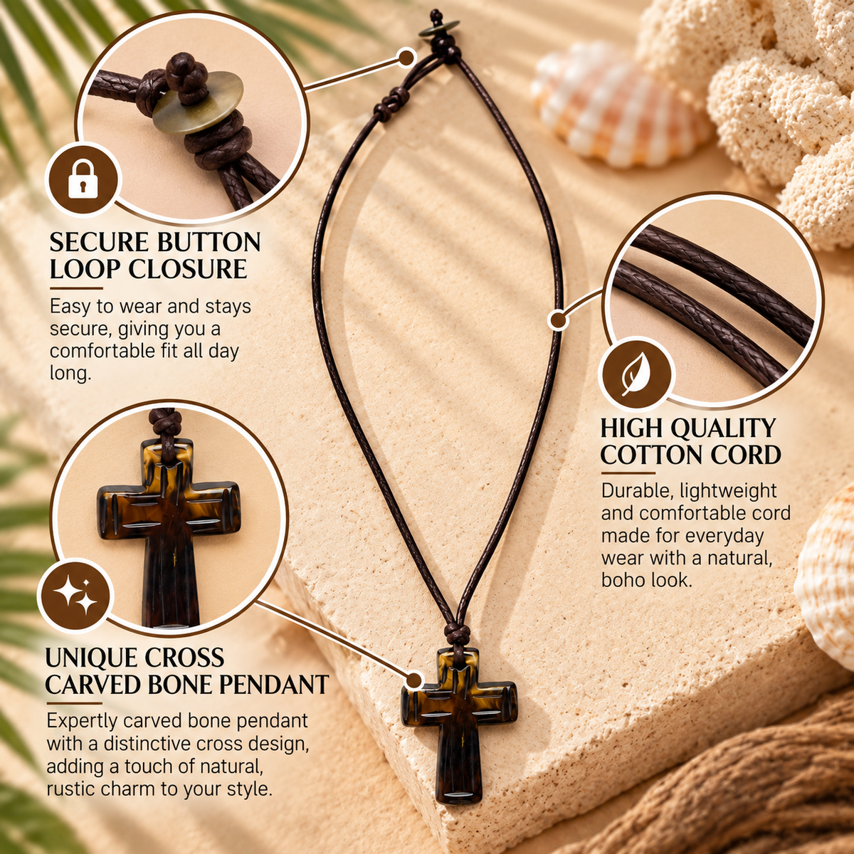Bone Cross Pendant Cord Necklace for Women