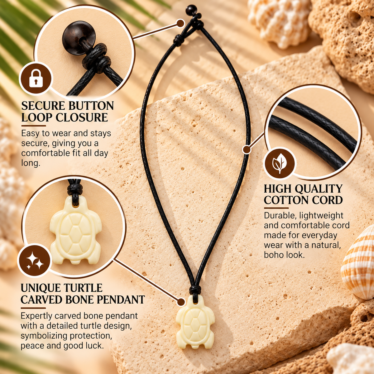 Bone Turtle Pendant Cord Necklace for Women