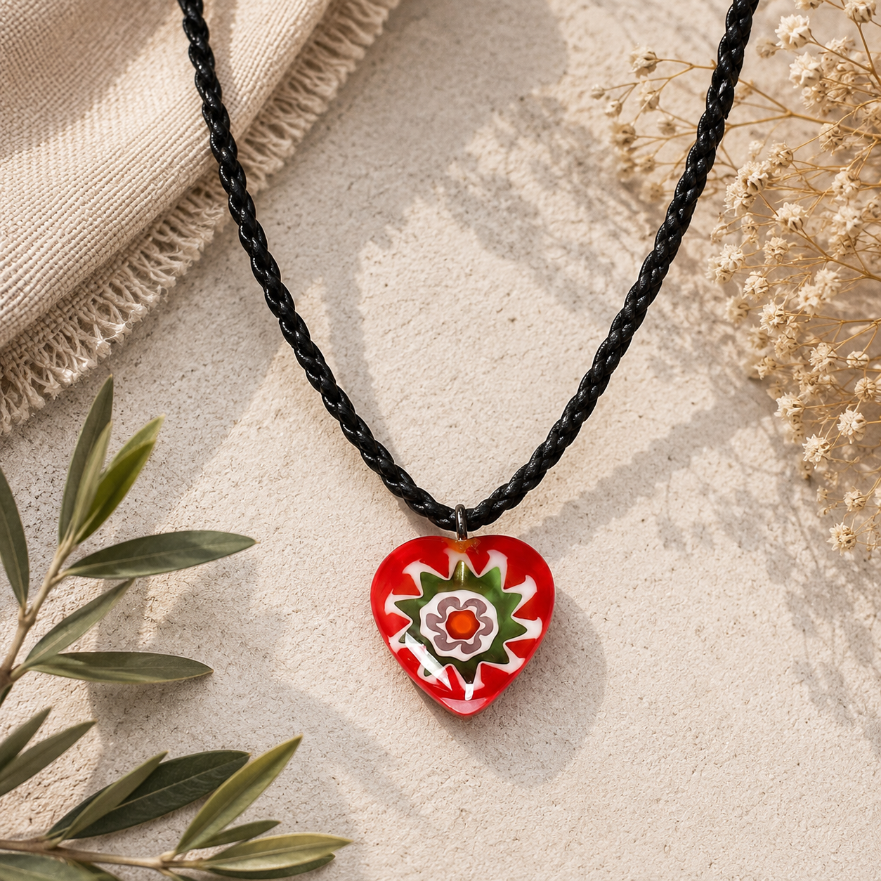 Braided Choker Necklace with Red Heart Pendant