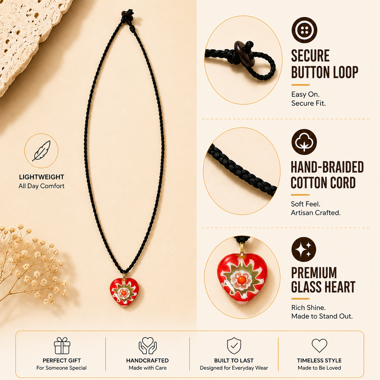 Braided Choker Necklace with Red Heart Pendant