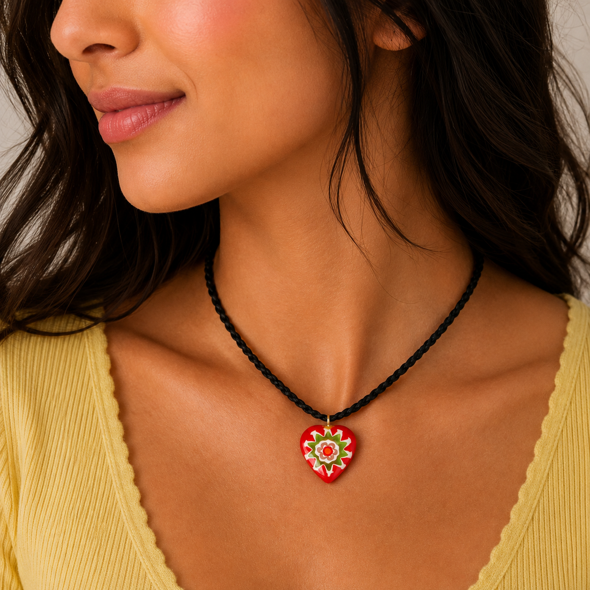 Braided Choker Necklace with Red Heart Pendant