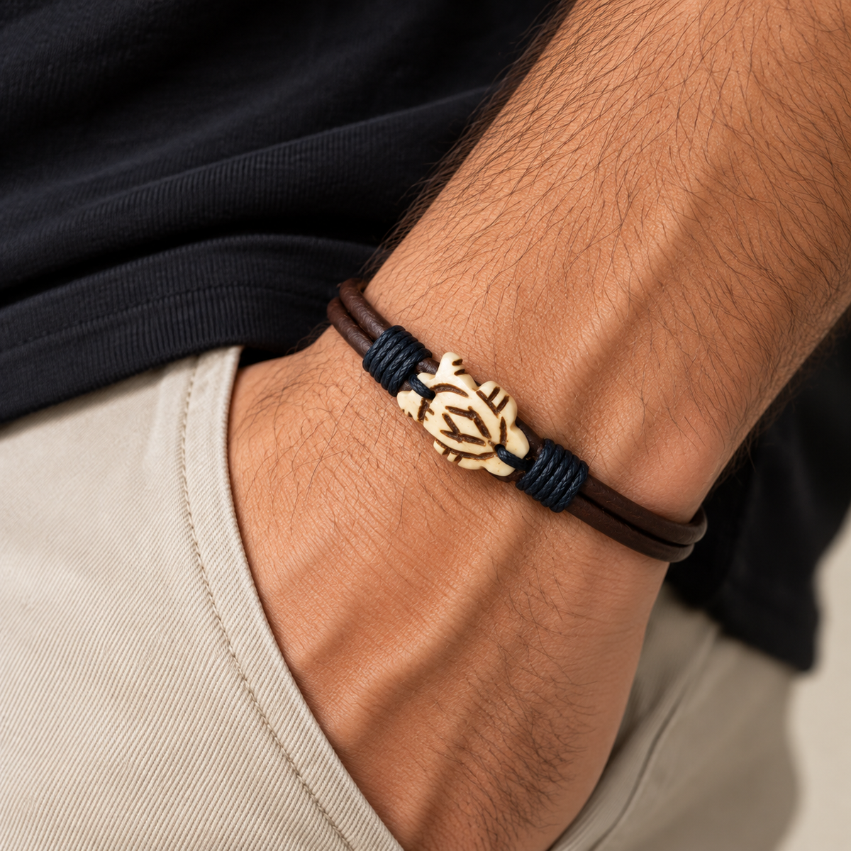 Carved Turtle Leather Bracelet for Men