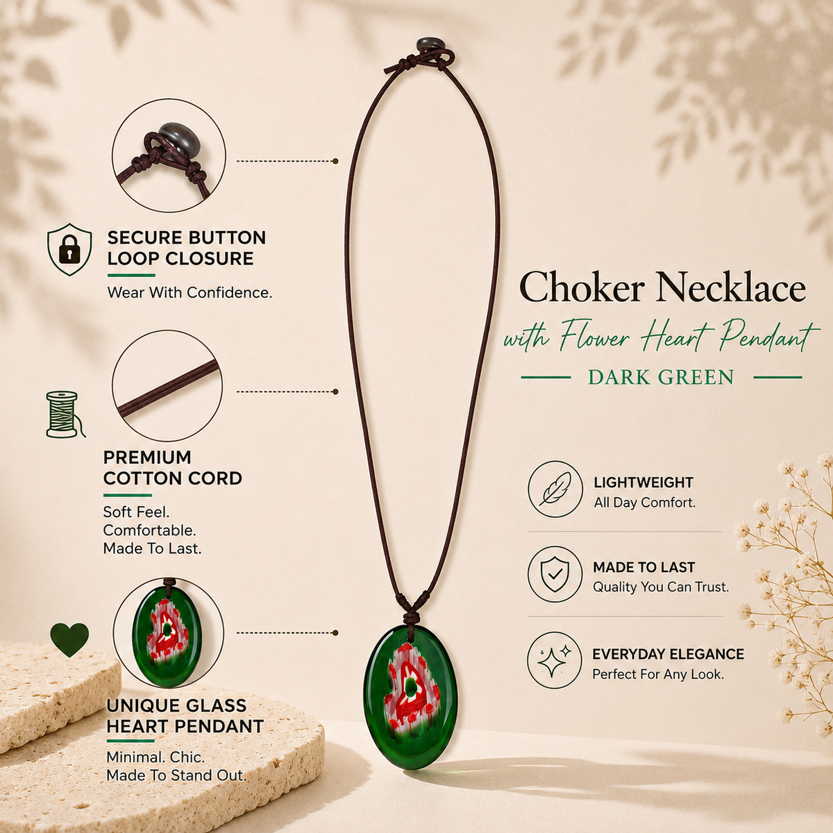 Choker Necklace with Heart Flower Pendant