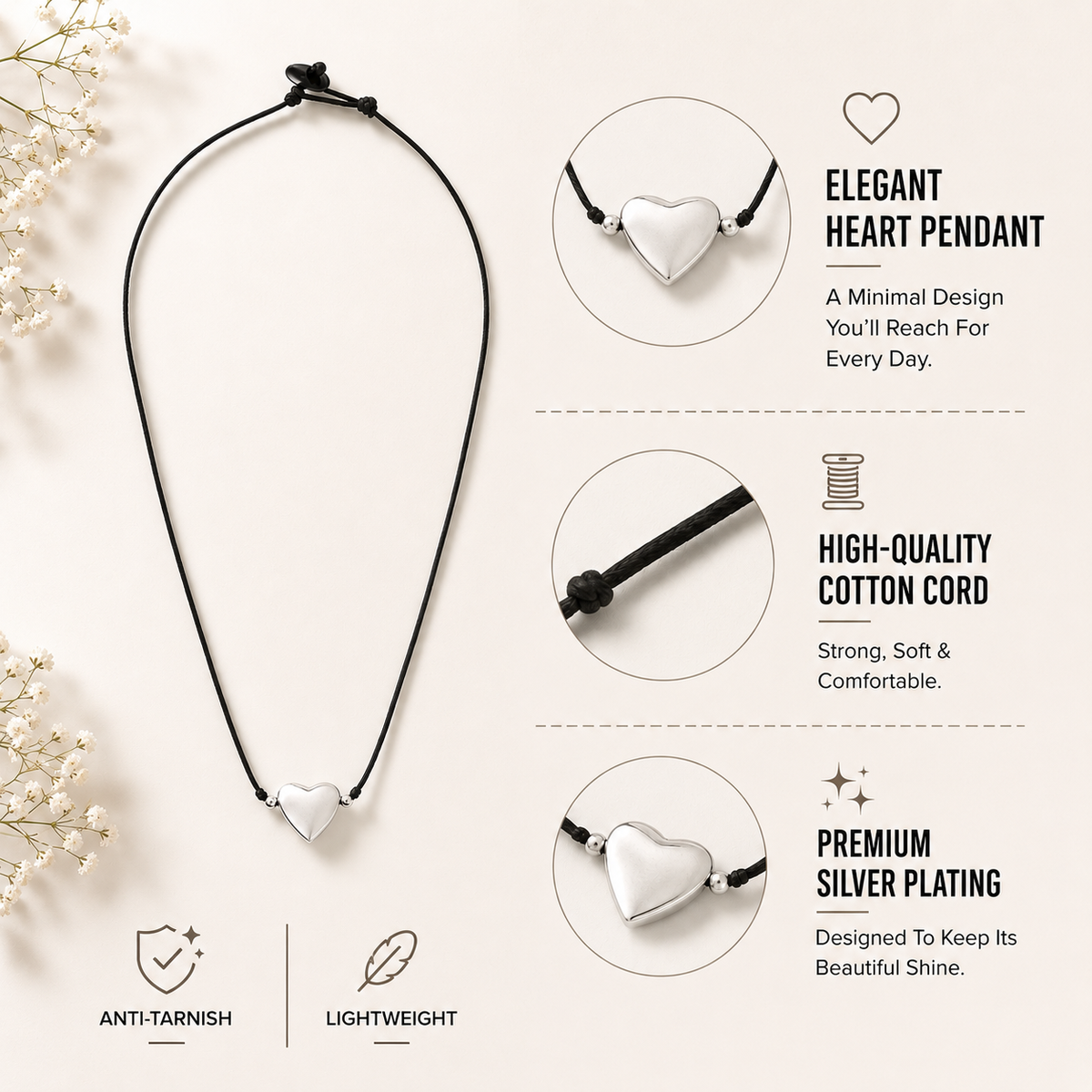 Choker Necklace with Heart Pendant and Dot Accents