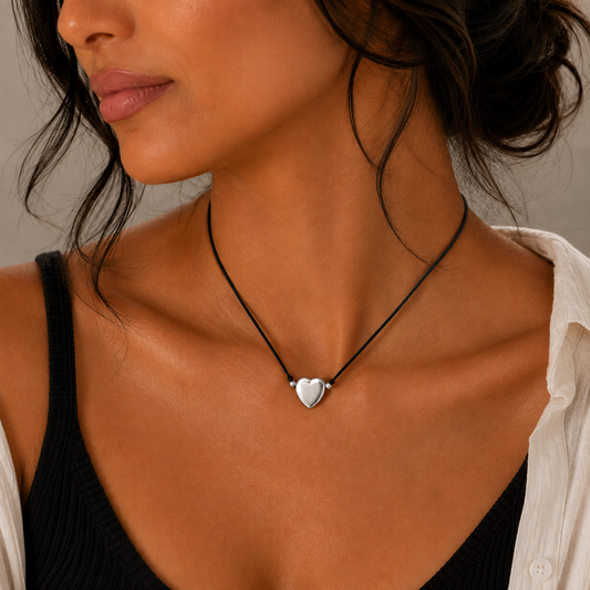 Choker Necklace with Heart Pendant and Dot Accents