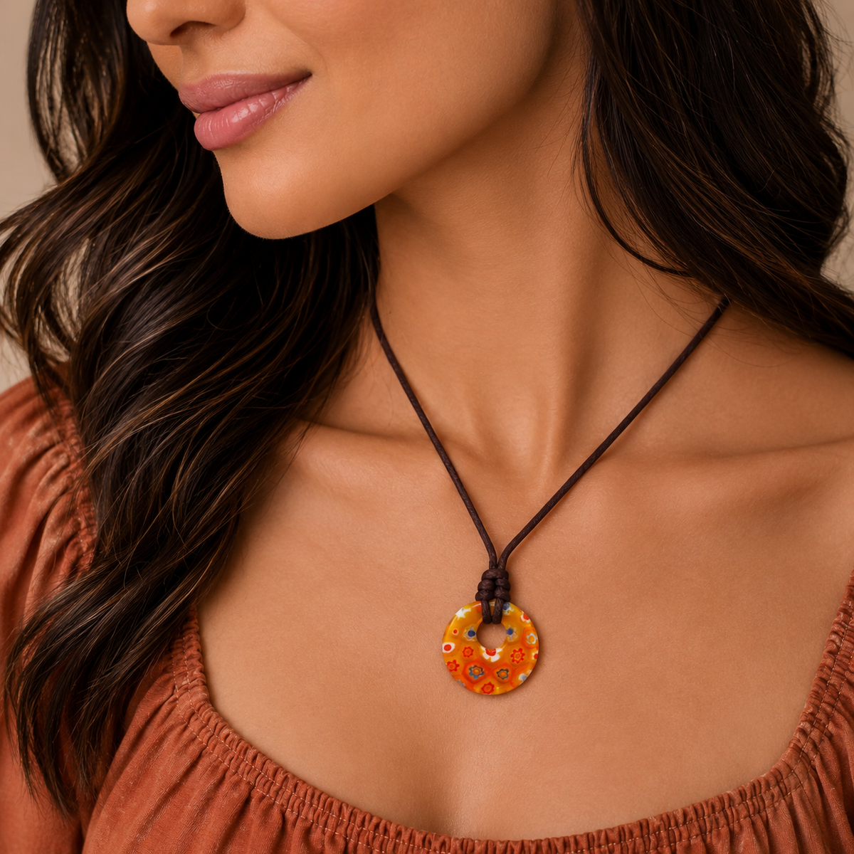 Choker Necklace with Round Floral Pendant