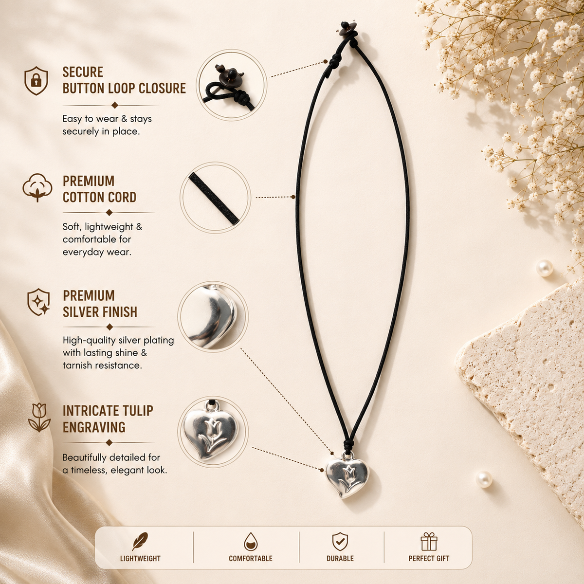 Choker Necklace with Tulip Engraved Heart Pendant