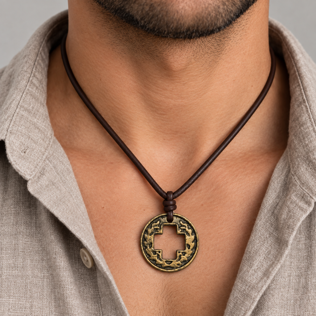 Circular Cross Pendant Leather Necklace for Men