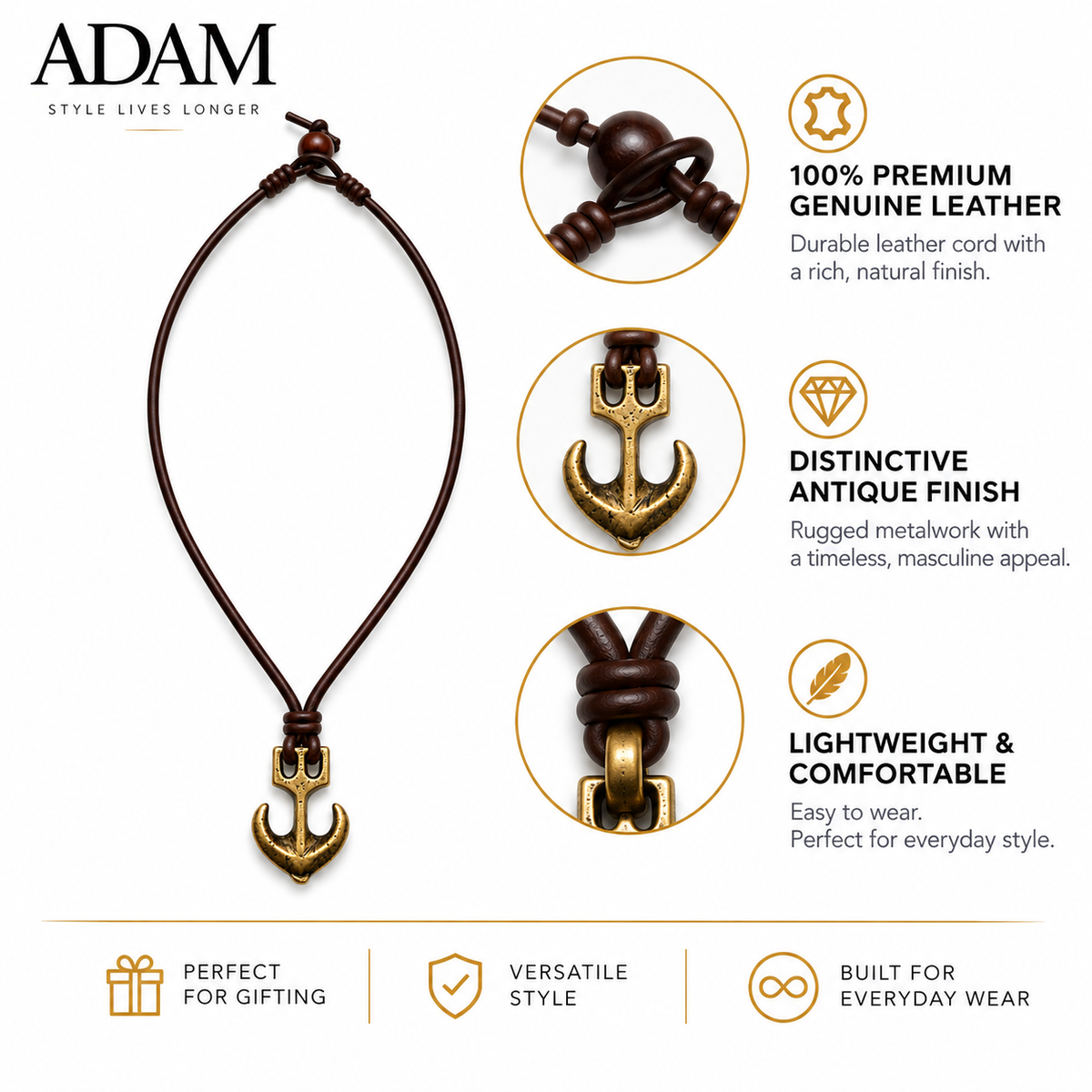 Classic Anchor Pendant Leather Necklace for Men
