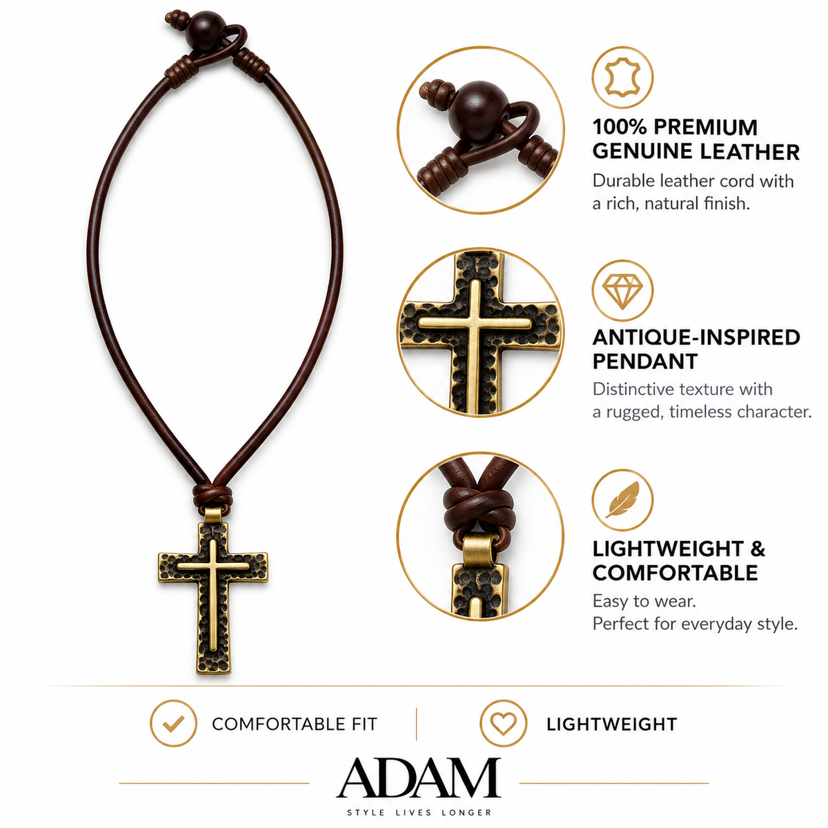 Classic Cross Pendant Leather Necklace for Men