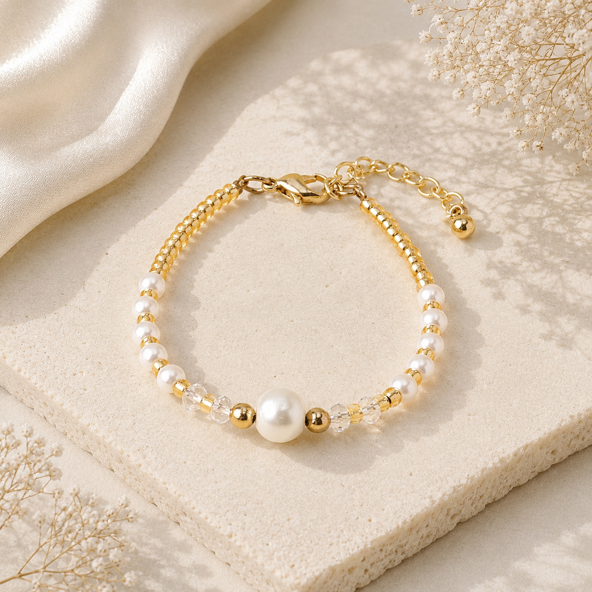 Classic Round Pearl Bracelet with Seed Beads