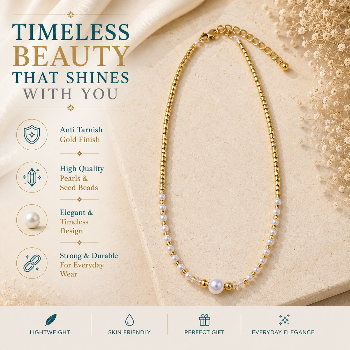 Classic Round Pearl Necklace with Seed Beads