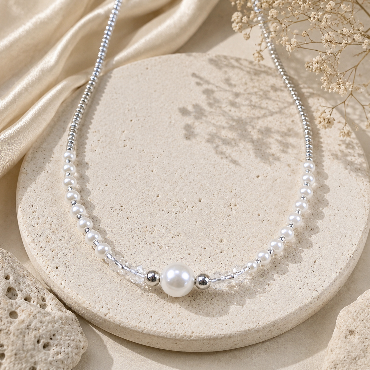 Classic Round Pearl Necklace with Seed Beads
