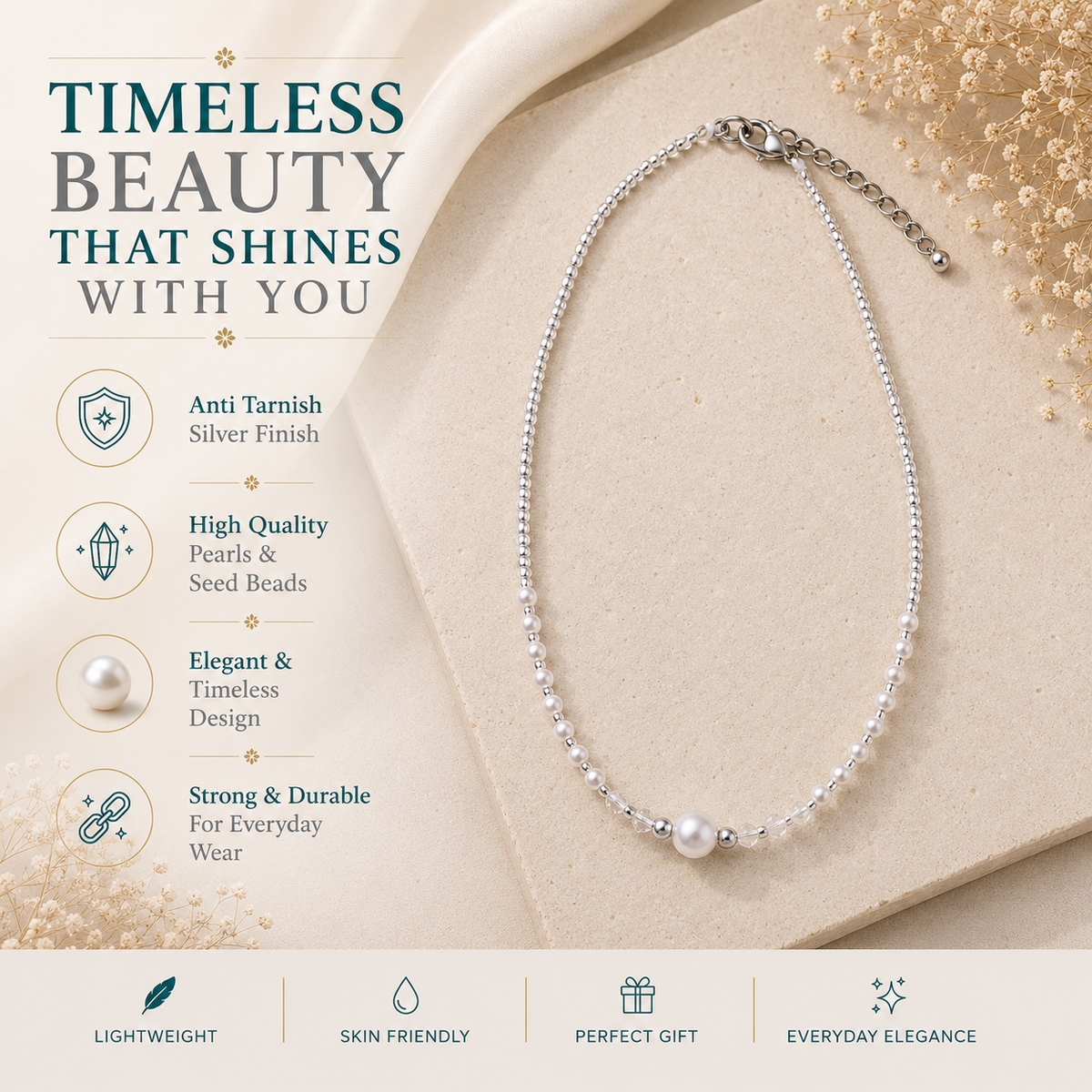 Classic Round Pearl Necklace with Seed Beads