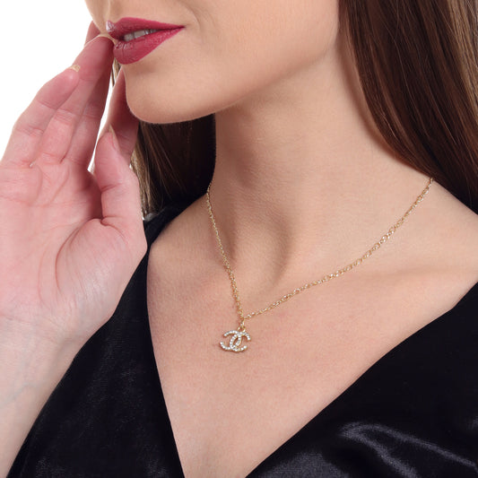 Crystal Chanel Pendant Gold Choker Necklace