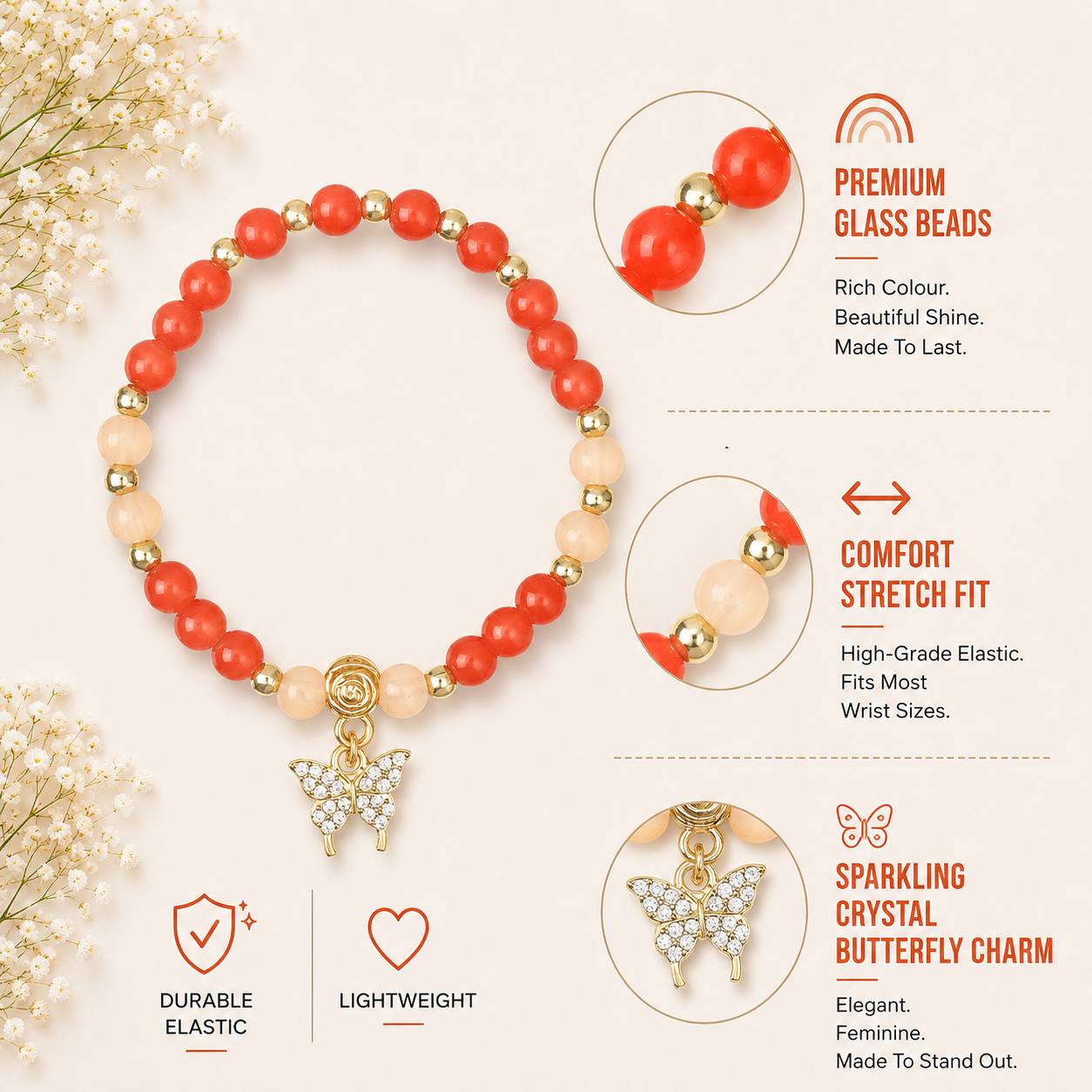 Crystal Butterfly Charm Beaded Stretch Bracelet
