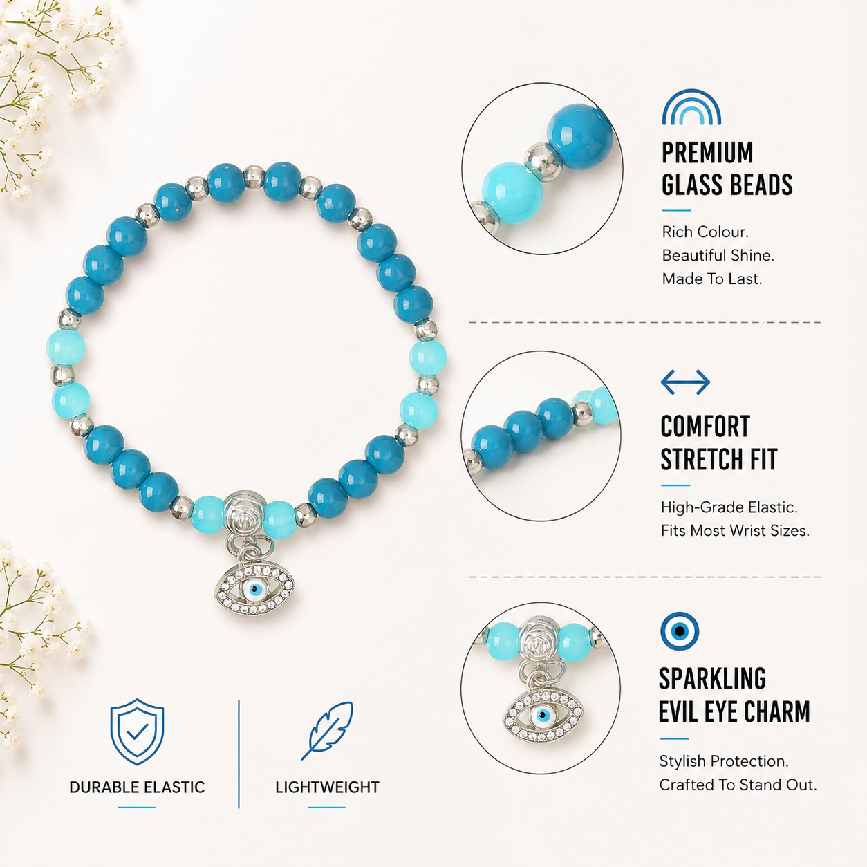 Crystal Evil Eye Charm Beaded Stretch Bracelet