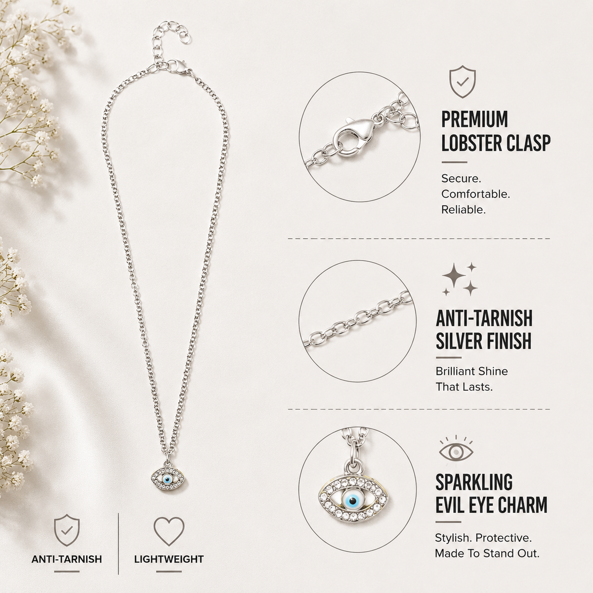 Crystal Evil Eye Charm Silver Choker Necklace