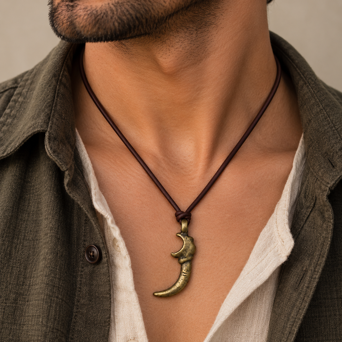 Curved Horn Leather Necklace for Men