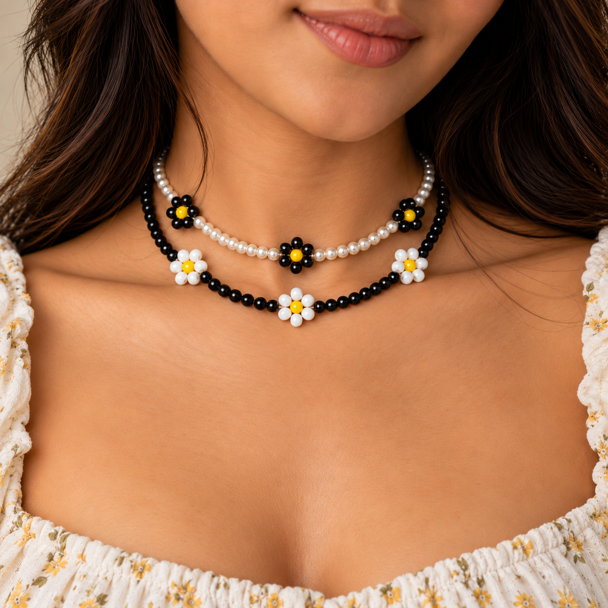 Daisy Beaded Choker Necklace Set of 2 (Black & White)