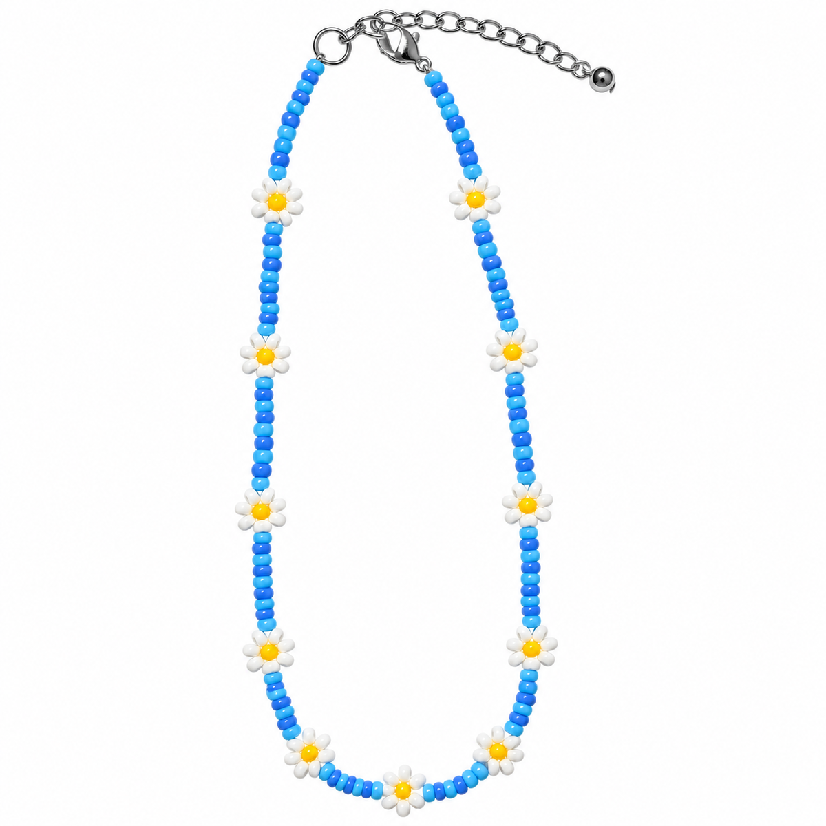 Daisy Beaded Choker Necklace Set of 2 (Blue & White)