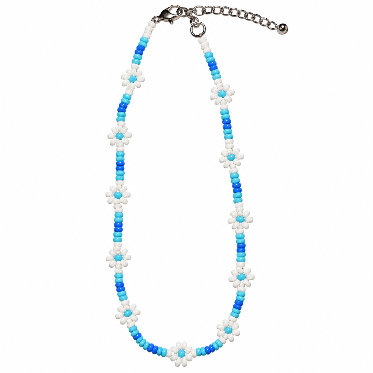 Daisy Beaded Choker Necklace Set of 2 (Blue & White)