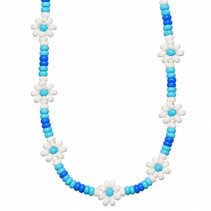 Daisy Beaded Choker Necklace Set of 2 (Blue & White)