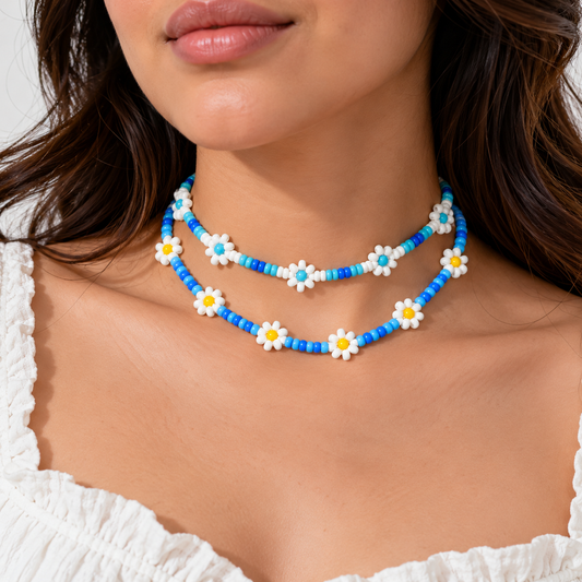 Daisy Beaded Choker Necklace Set of 2 (Blue & White)