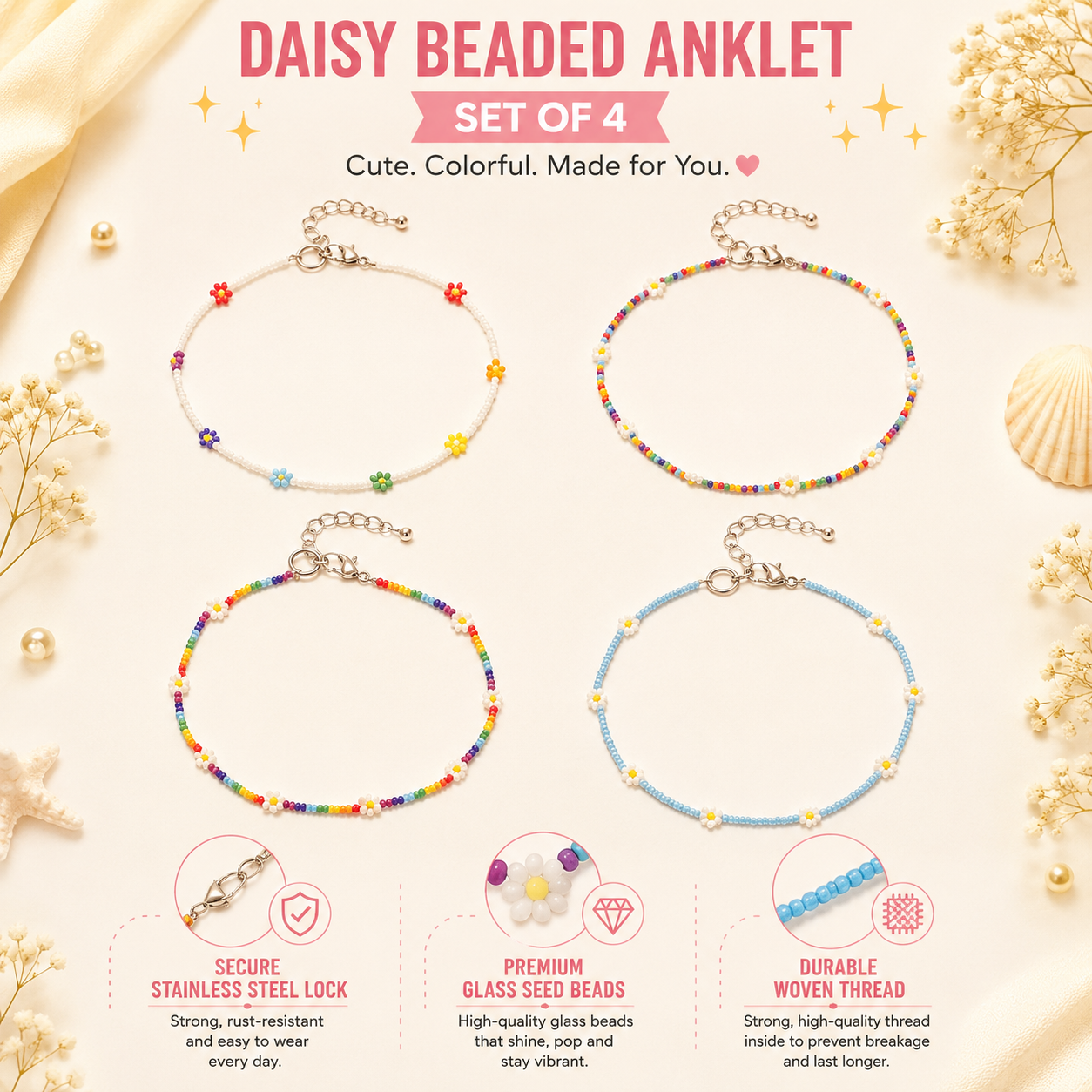 Daisy Beaded Anklet Set of 4