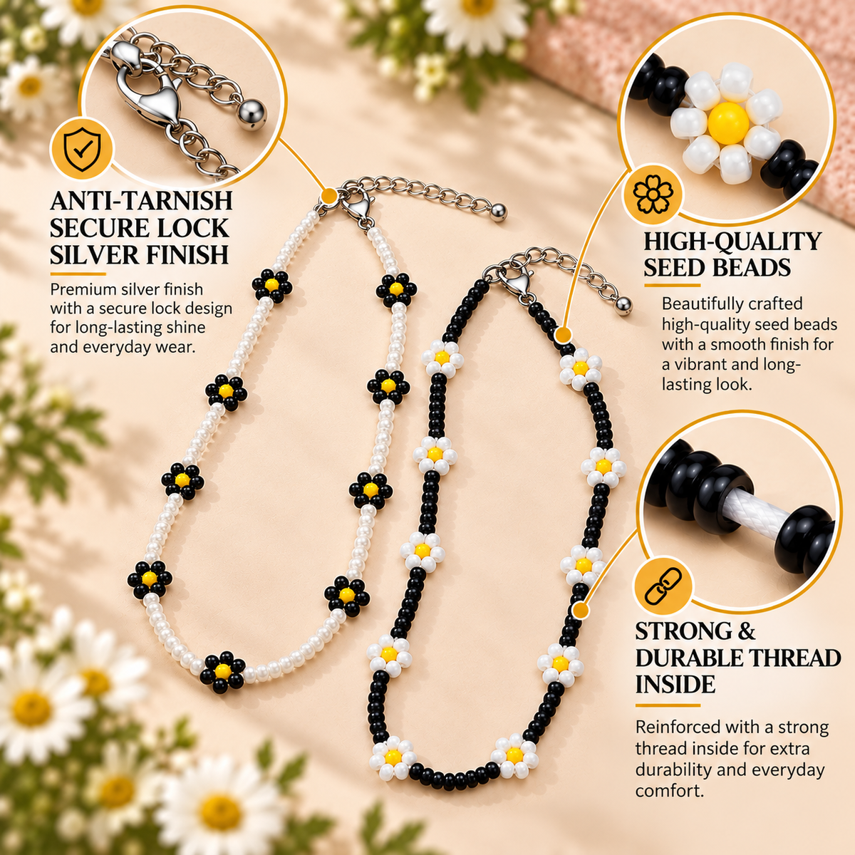 Daisy Beaded Choker Necklace Set of 2 (Black & White)