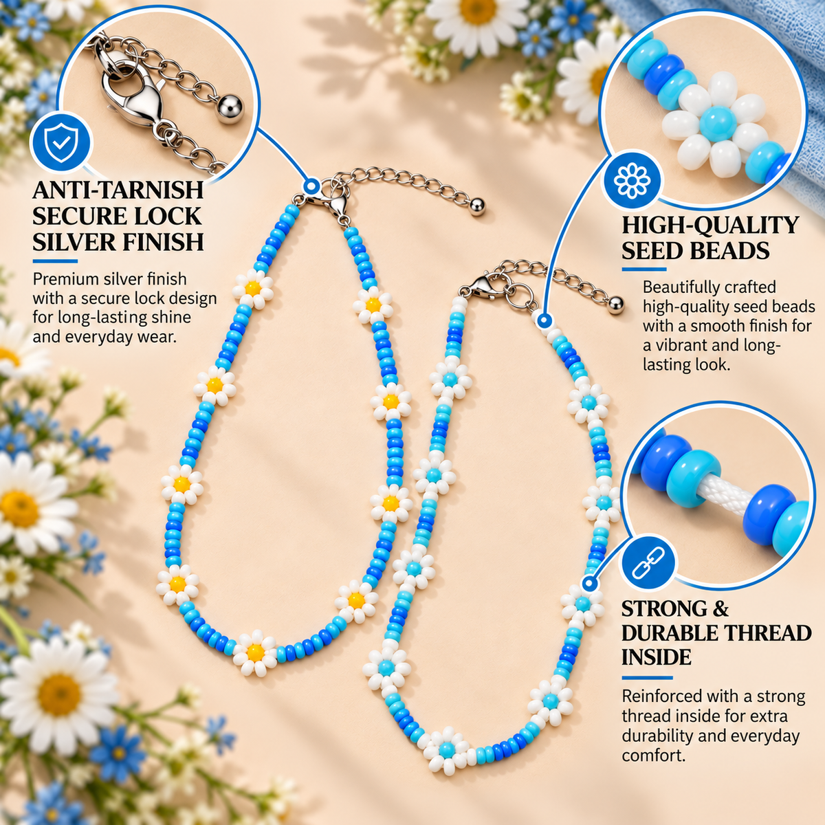 Daisy Beaded Choker Necklace Set of 2 (Blue & White)