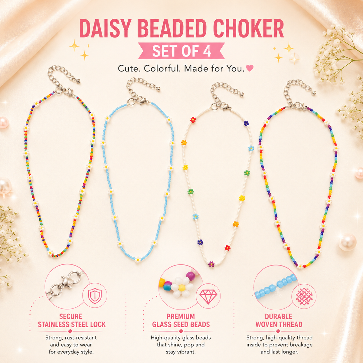 Daisy Beaded Choker Necklace Set of 4
