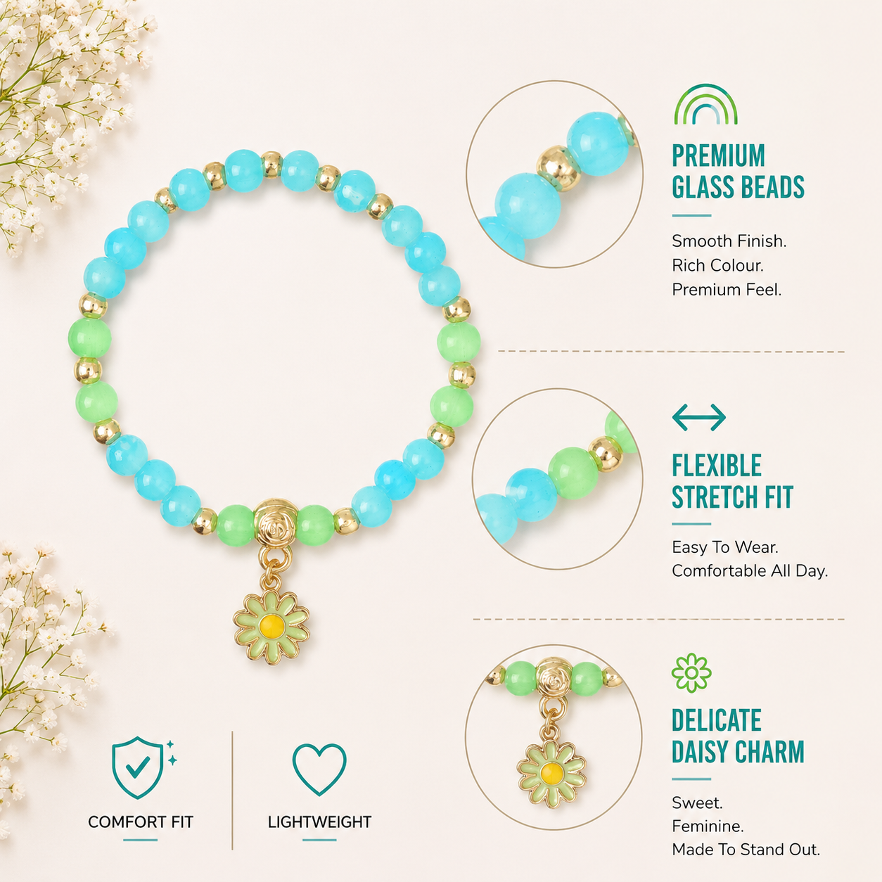 Daisy Charm Beaded Stretch Bracelet
