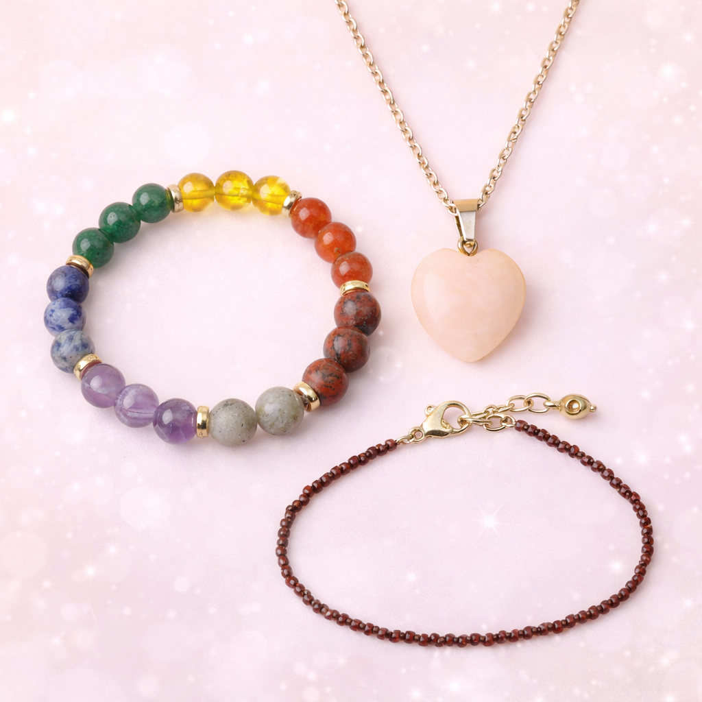 Divine Feminine Energy Combo – 7 Chakra Bracelet, Rose Quartz Pendant & Garnet Anklet