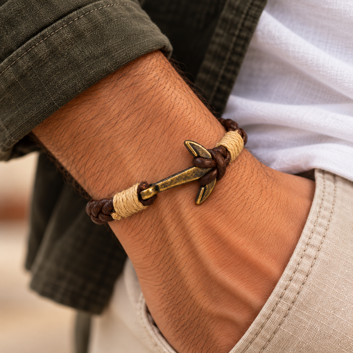 Double Braided Anchor Leather Bracelet for Men