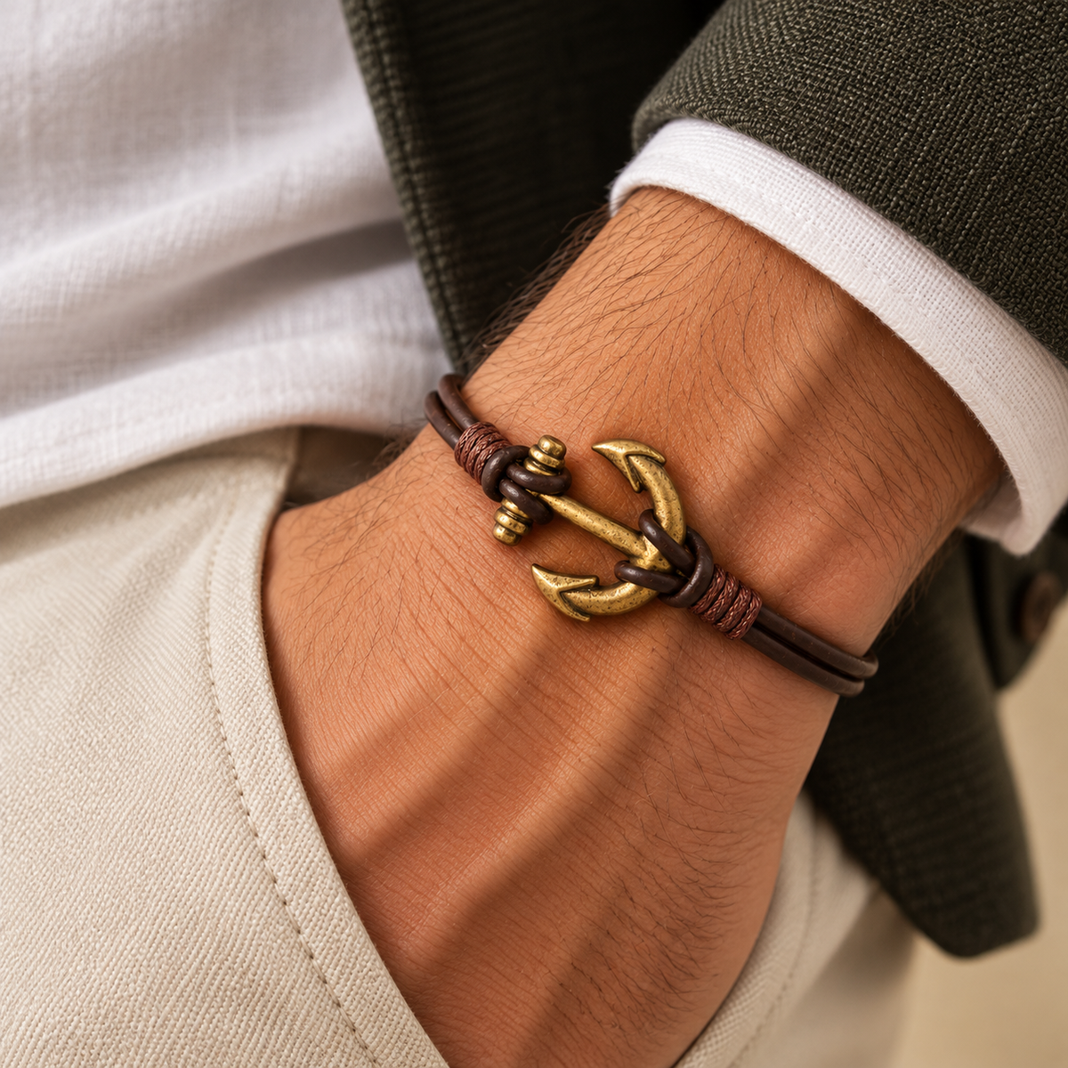 Double Cord Anchor Leather Bracelet for Men