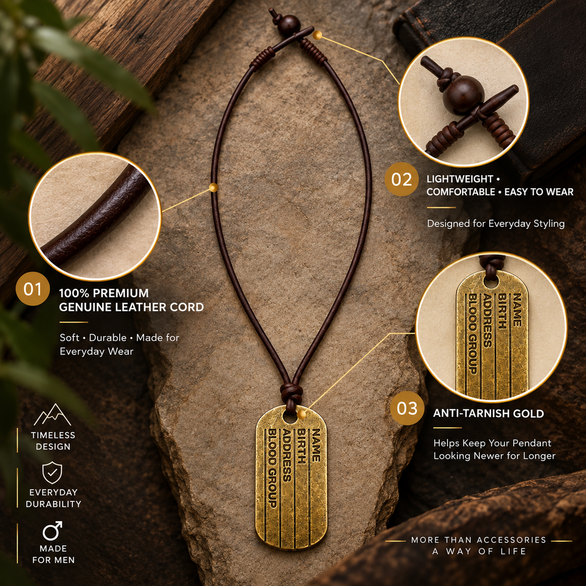 Engraved Dog Tag Leather Necklace for Men