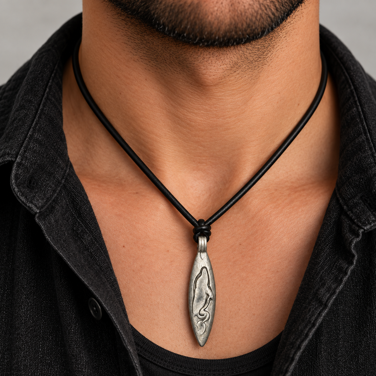 Engraved Dolphin Pendant Leather Necklace for Men