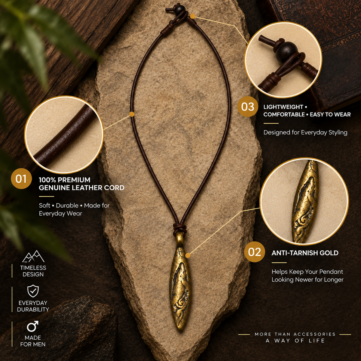 Engraved Dolphin Pendant Leather Necklace for Men